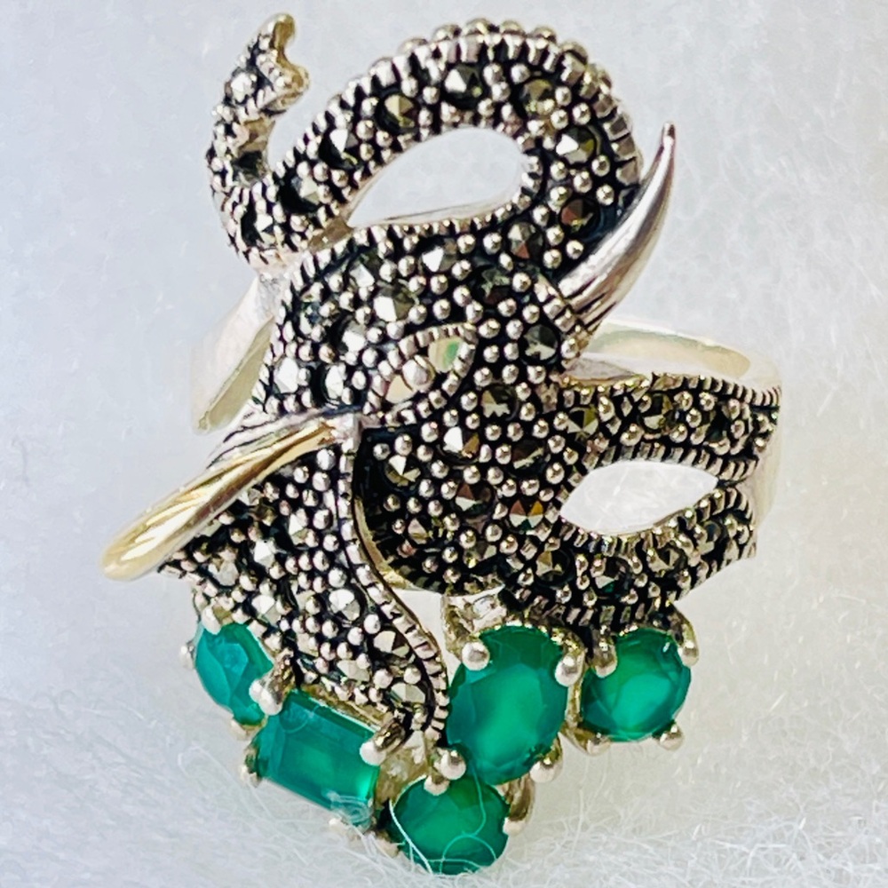 Emerald Marcasite Sterling Silver 14k gold Elephant Ring